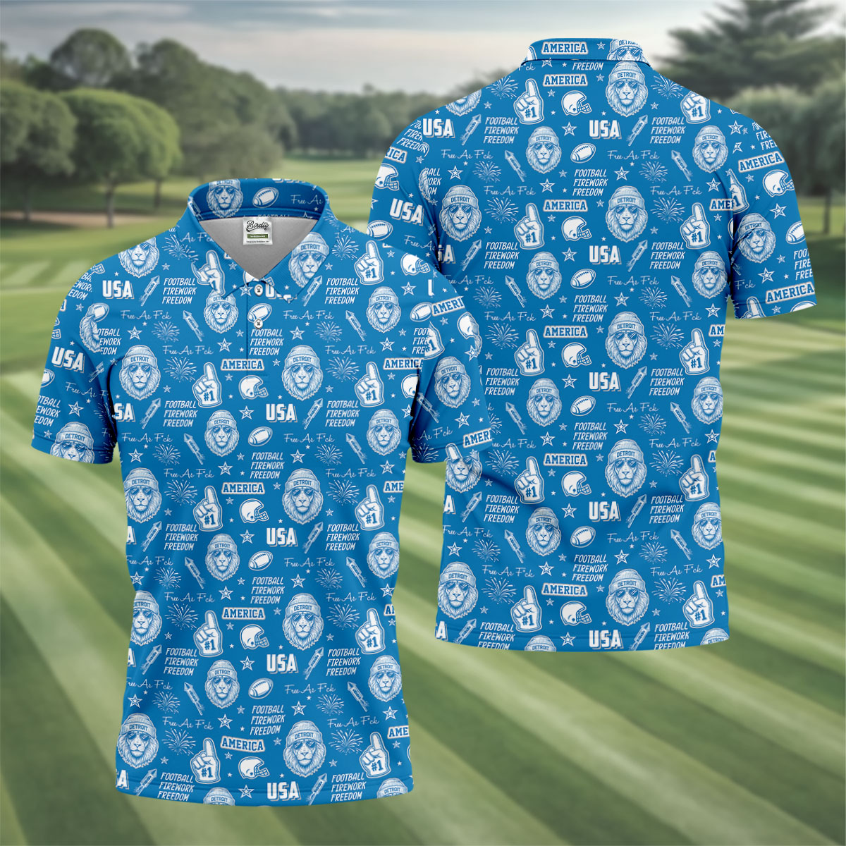 Cool Lion Football Freedom Blue Polo Shirt, American Football League Gift Ideas For Football Fans