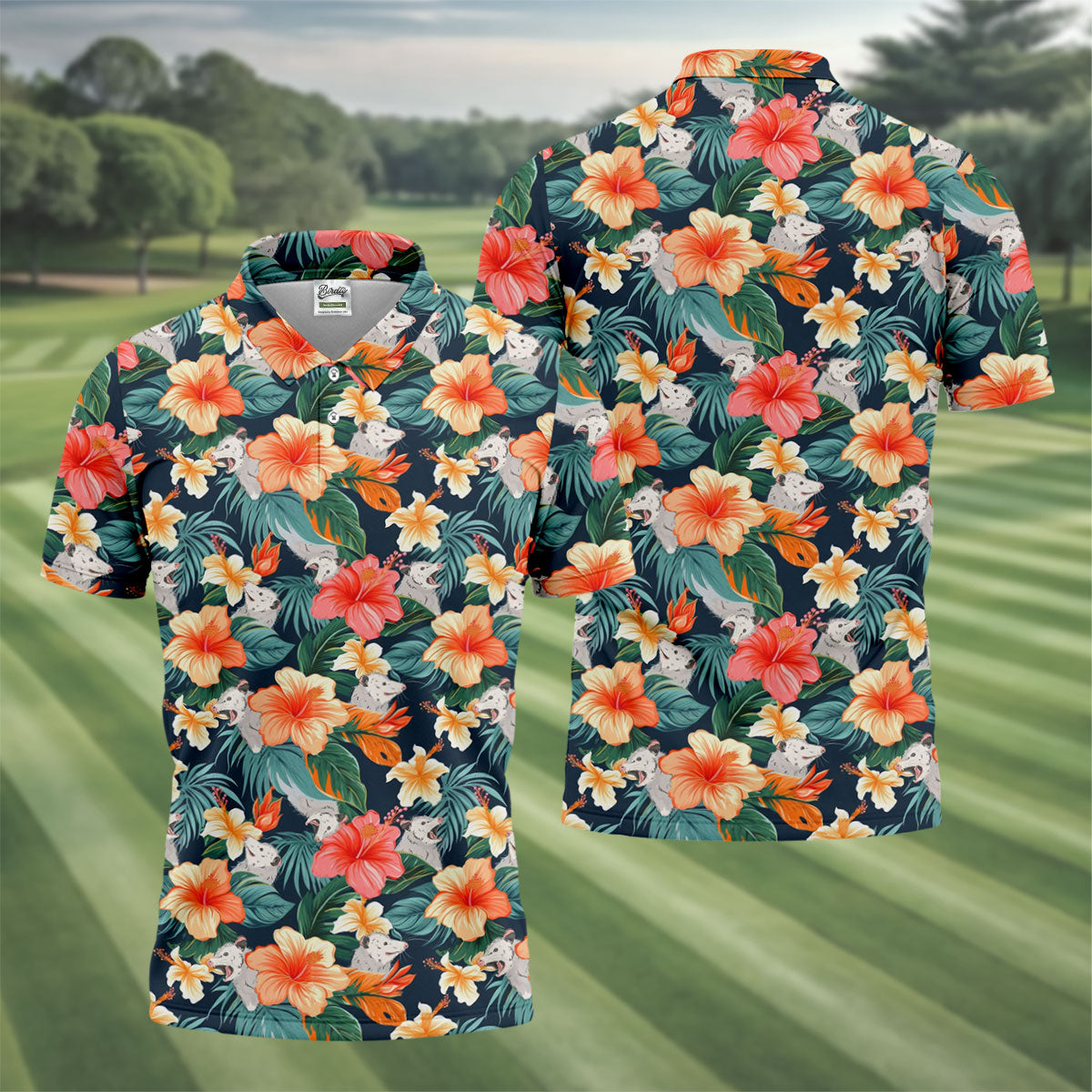 Large Hibiscus Flowers Tropical Vibe Golf Tops For Men, Hawaiian Golf Shirts, Polo Shirts For Men