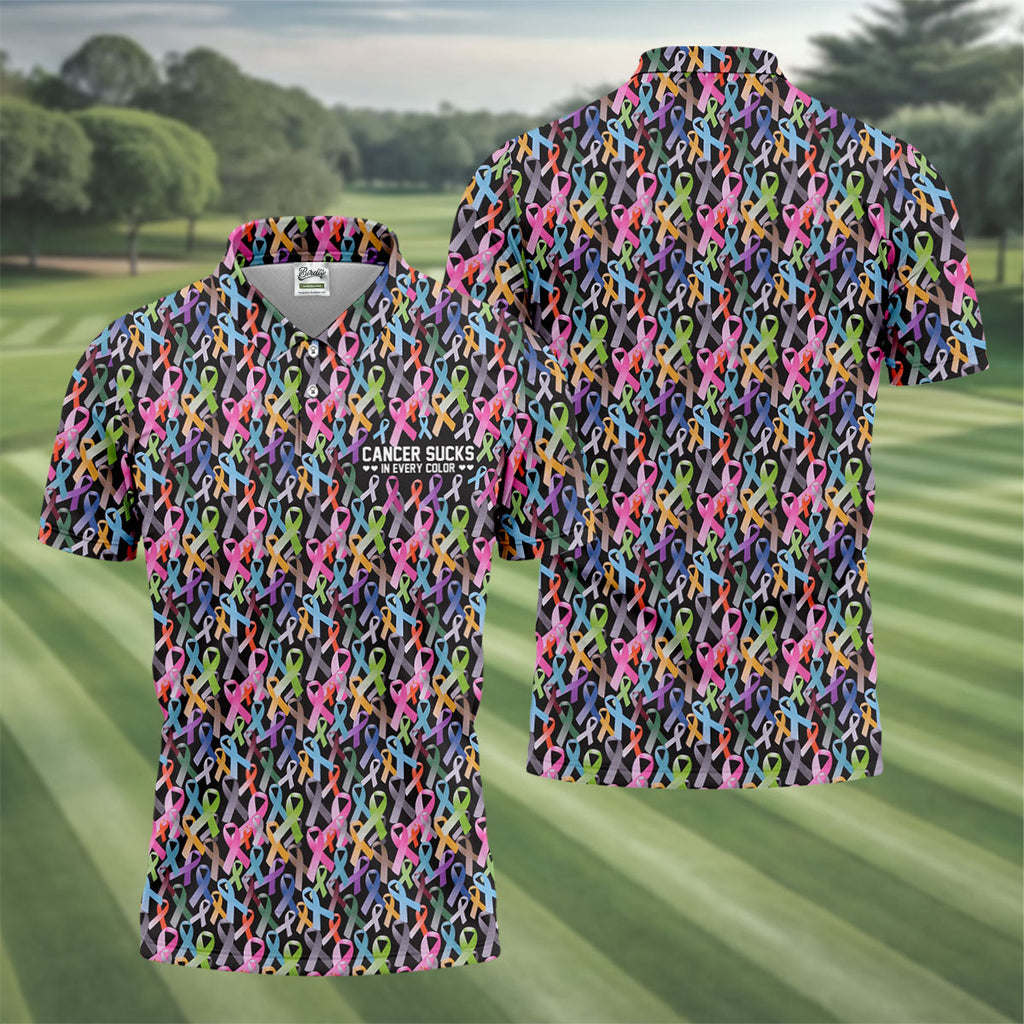 Cancer Sucks In Every Color Black Golf Shirt, Cancer Survivor Shirt, Cancer Awareness Shirt, Polo ShirtFor Men