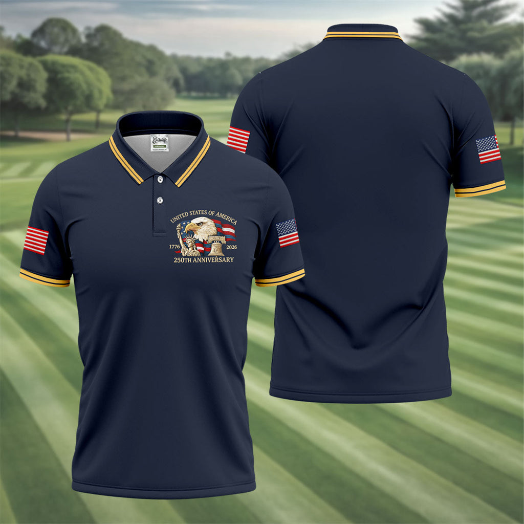 Bald Eagle American Flag 250 Years Navy Golf Shirt, Patriotic 4th Of July Golf Shirts For Men