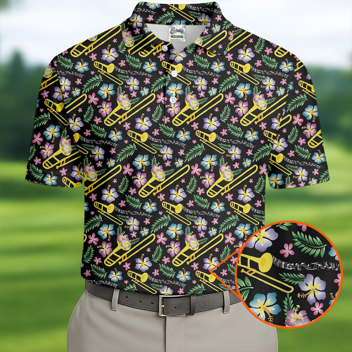 Trombones Floral Tropical Vibe Golf Tops For Men, Polo Shirts For Men, Golf Shirts For Men