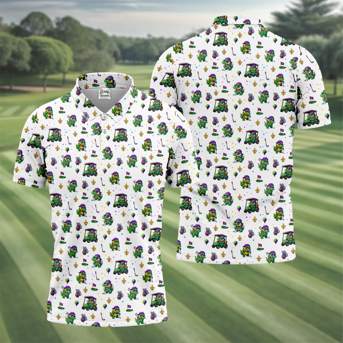 Funny Crocodile Golfing Mardi Gras Golf Shirts, White Golf Shirt, Golf Gift For Men, Golf Shirts For Men