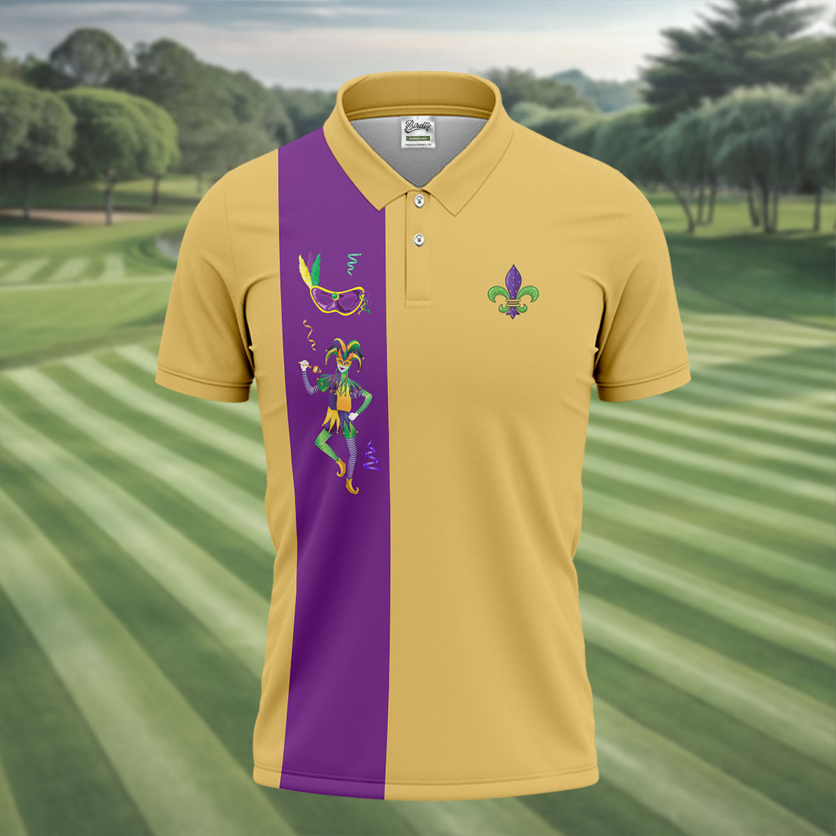 Mardi Gras Festival Jester Figure Fleur De Lis Symbol Yellow Golf Shirt, Polo ShirtFor Men, Golf Shirts For Men