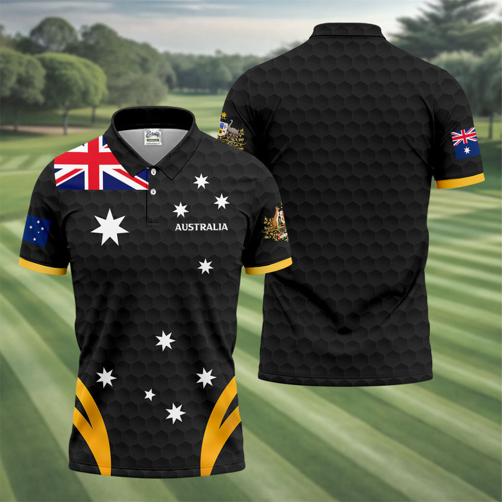 Australia Flag Print Golf Ball Pattern Black Golf Shirt, Australian Symbol Polo ShirtFor Men