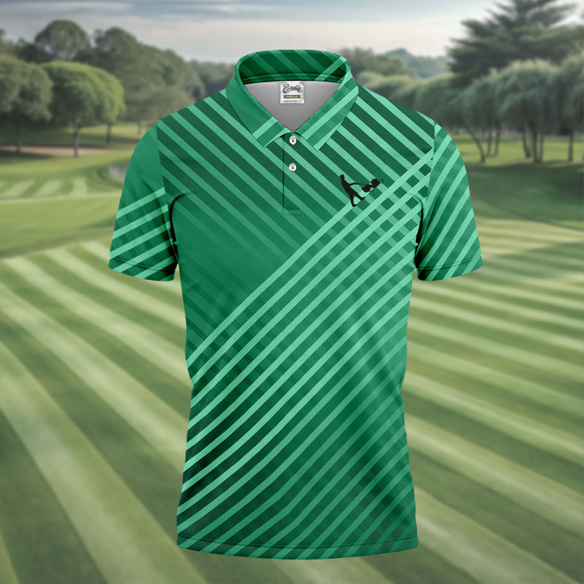 Green And White Striped Pattern Golf Tops For Men, Performance Golf Shirt, Polo Shirts For Men