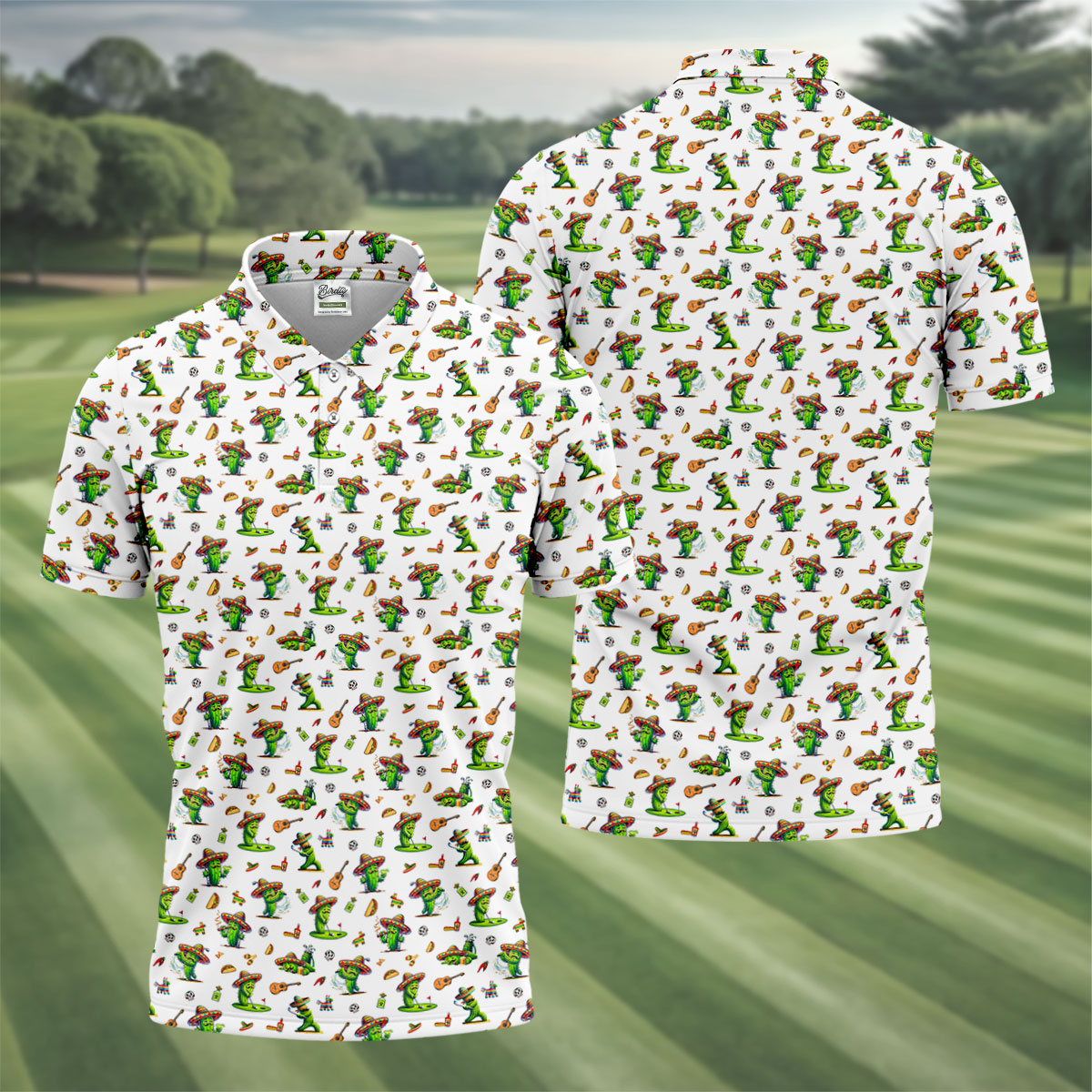 Cartoon Mustach Funny Cactus Cinco De Mayo Celebration Fiesta Themed White Golf Shirts For Men