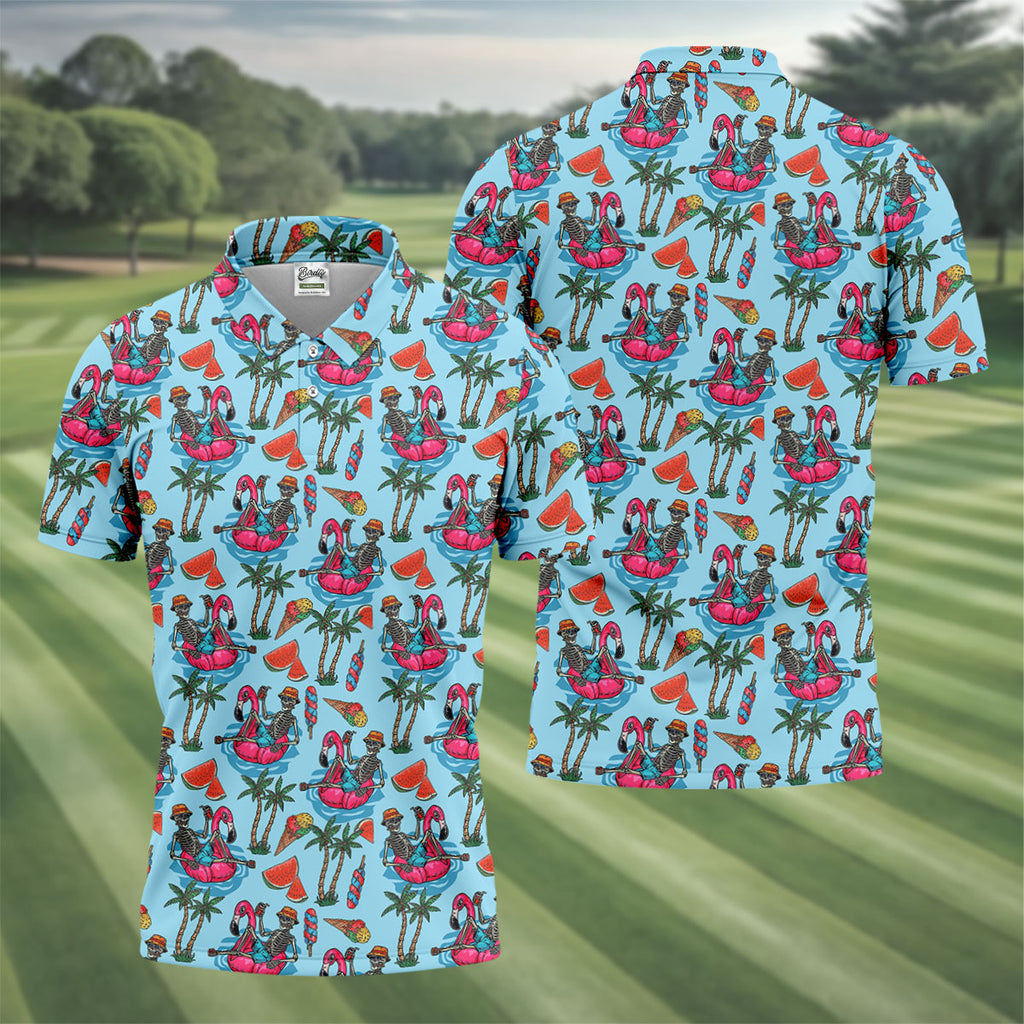 Skeleton Flamingo Summer Vibe Retro Golf Shirt, Men's Funny Golf Shirts, Polo Shirts For Men, Golf Shirts For Men