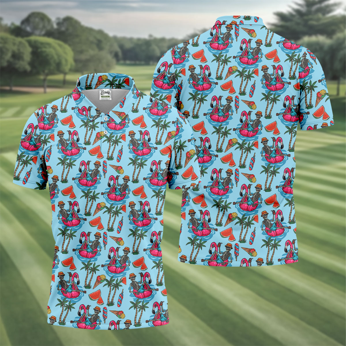 Skeleton Flamingo Summer Vibe Retro Golf Shirt, Men's Funny Golf Shirts, Polo Shirts For Men, Golf Shirts For Men