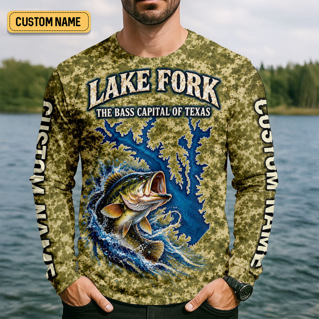 Custom Lake Fork Camo Bass UPF Shirt, Bass Fishing Shirt, Fishing Apparel For Men