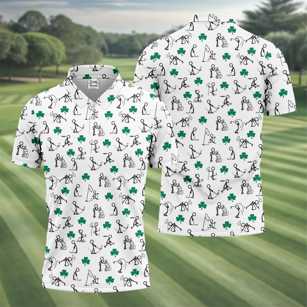 Stick Figure Golf Pose St Patrick's Day Shamrock White Golf Shirt, Polo Shirts For Men, Golf Shirts For Men