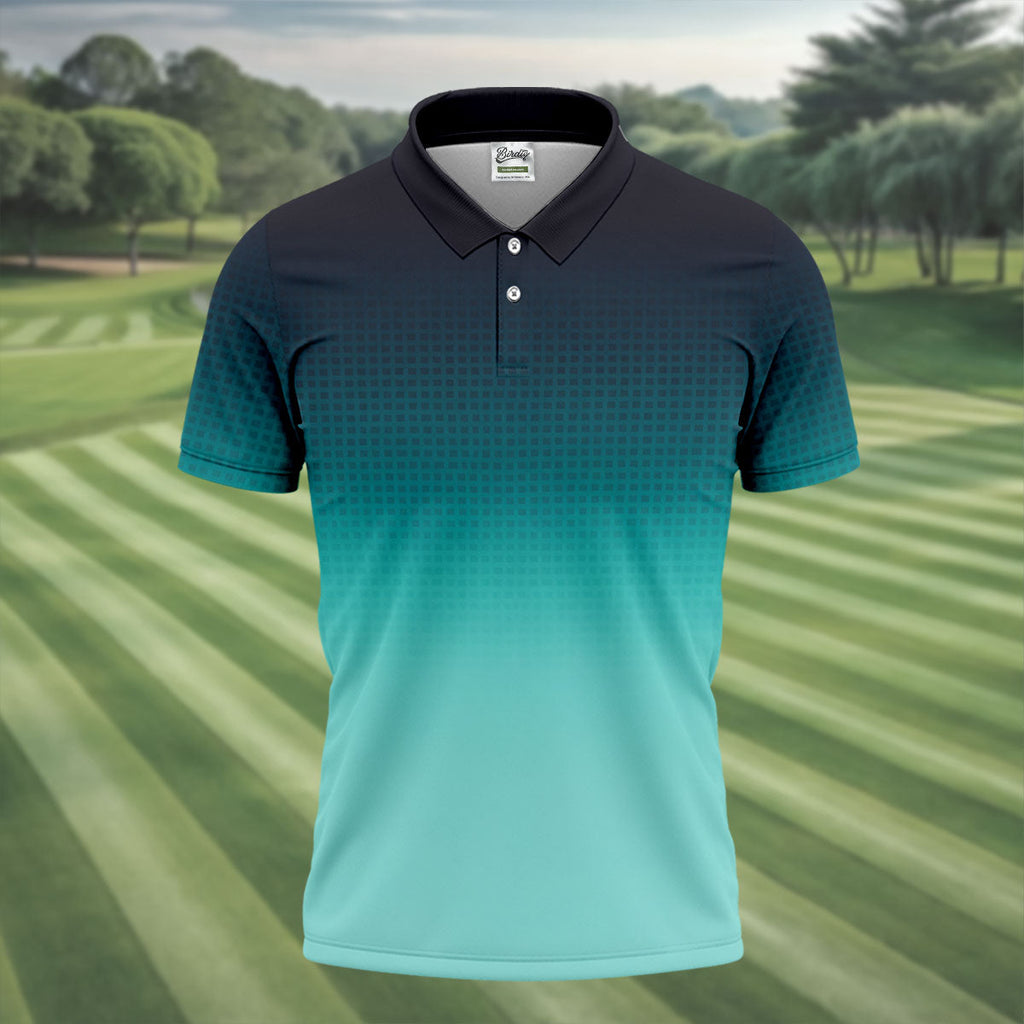 Turquoise Gradient Hawaiian Golf Shirt, Golf Tops For Men, Polo Shirts For Men