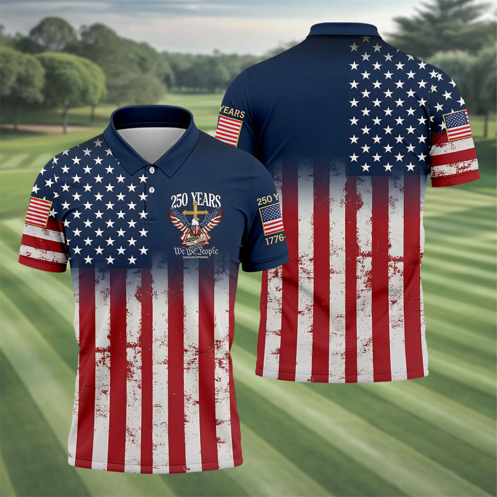 250 Years We The People Bald Eagle US Flag Cross Faith Golf Shirts For Men, Patriotic Golf Shirt