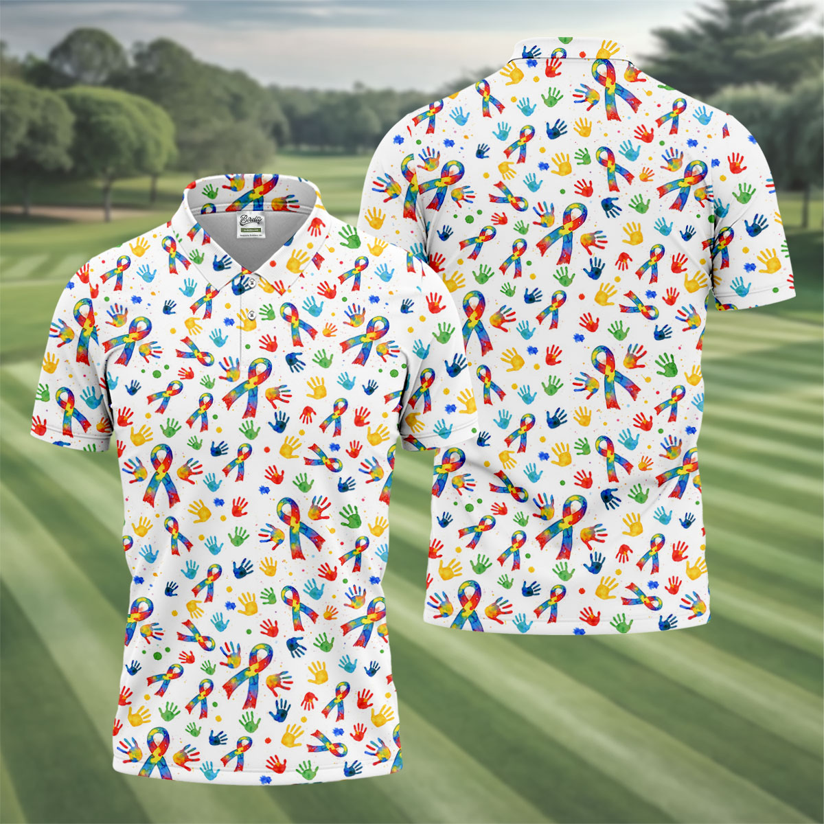 Colorful Handprints Autism Ribbon Golf Tops For Men, Autism Awareness Color Golf Shirts For Men