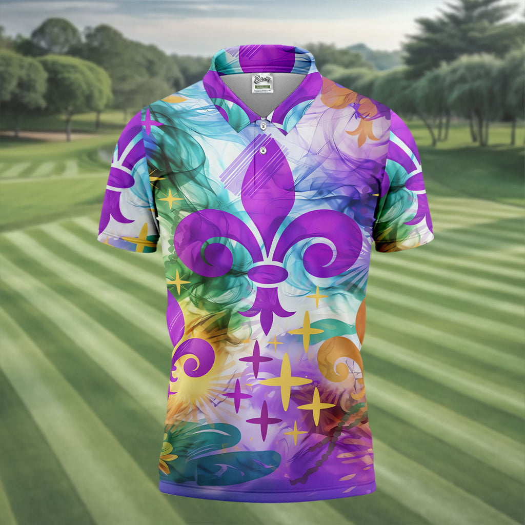 Mardi Gras Festival Fleur De Lis Symbol Purple Green Gold Polo Shirts For Men, Golf Shirts For Men