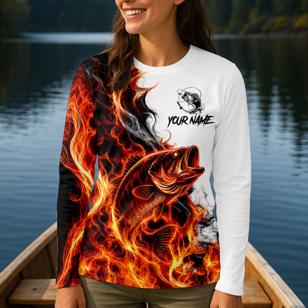 Your Name Fire Bass Fishing UPF Shirt, Fishing Shirts For Women, Performance Fishing Shirt