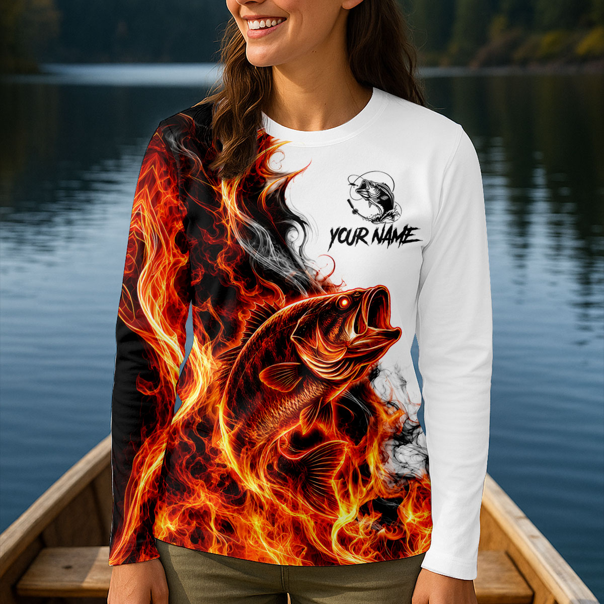 Your Name Fire Bass Fishing UPF Shirt, Fishing Shirts For Women, Performance Fishing Shirt