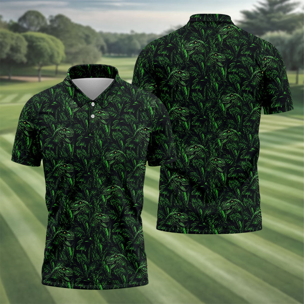 Dinosaurs In The Forest Deep Forest Green Hawaiian Golf Shirt, Polo Shirts For Men