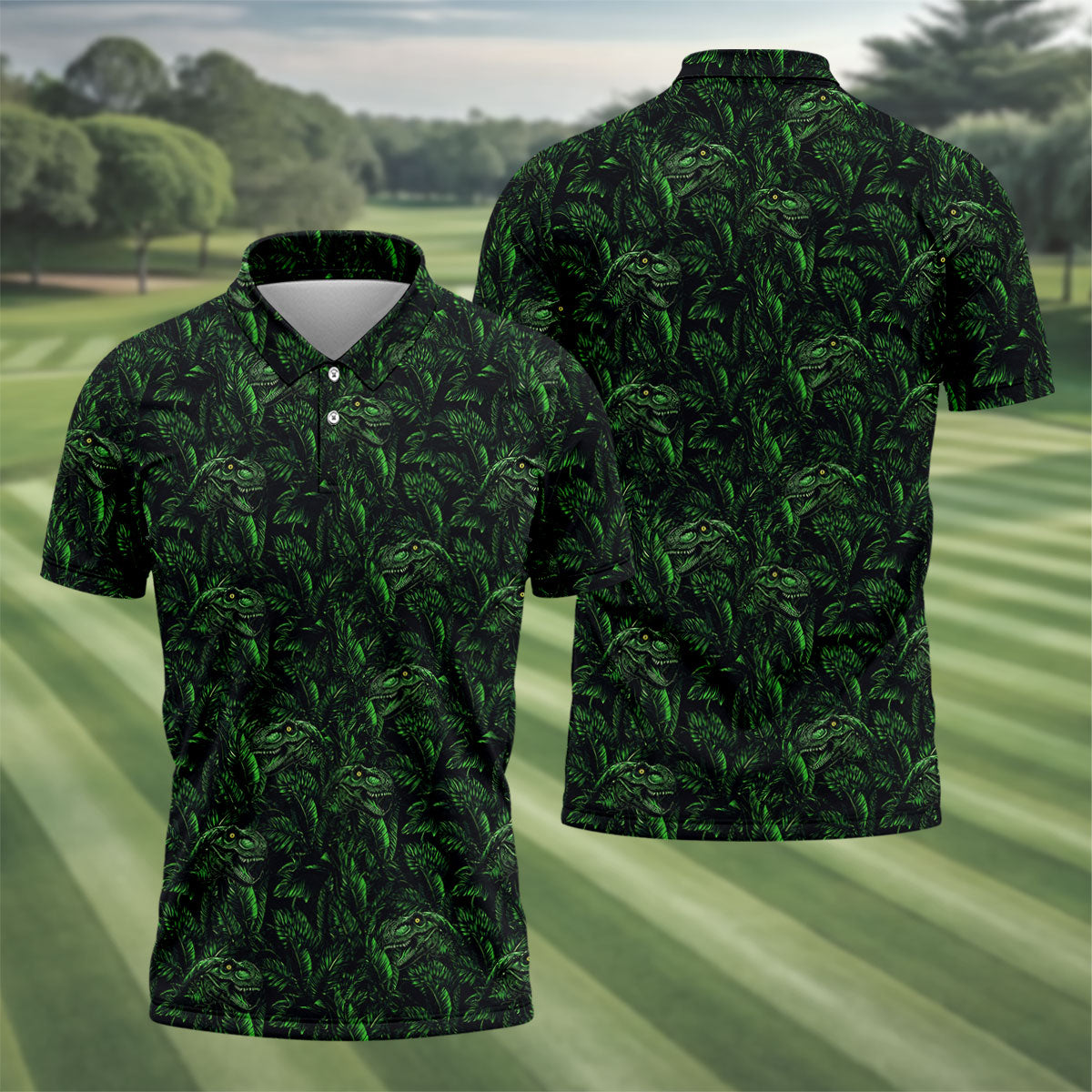 Dinosaurs In The Forest Deep Forest Green Hawaiian Golf Shirt, Polo Shirts For Men