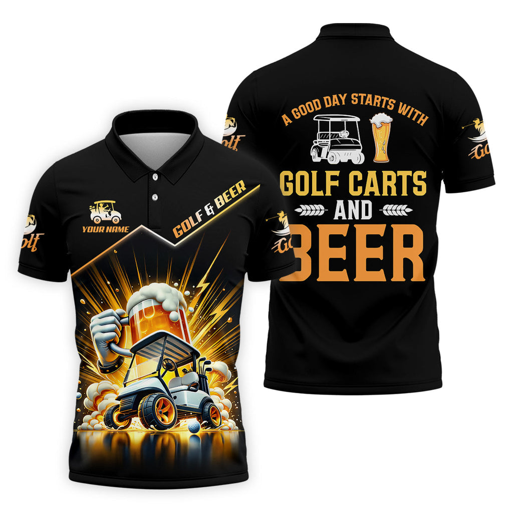 A Good Day Starts With Golf Carts And Beer Custom Men's Golf Polo ShirtDad Golf Gift