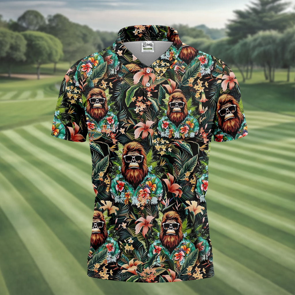 Bigfoot Hawaiian Tropical Golf Shirt, Funny Sasquatch Golf Shirts For Men
