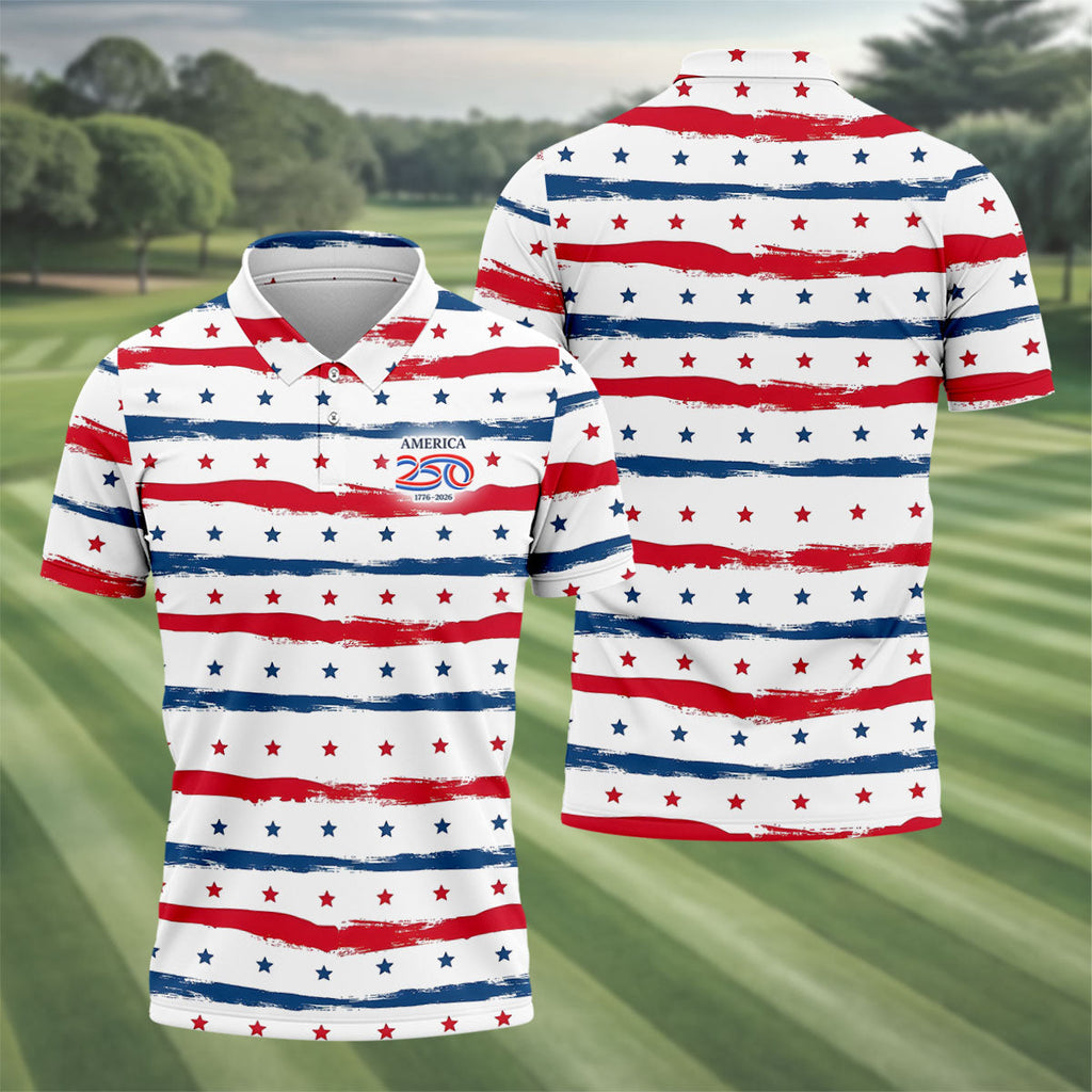 America 250 Red White Blue Stars And Stripes Golf Tops For Men, Patriotic 4th Of July Golf Shirts For Men