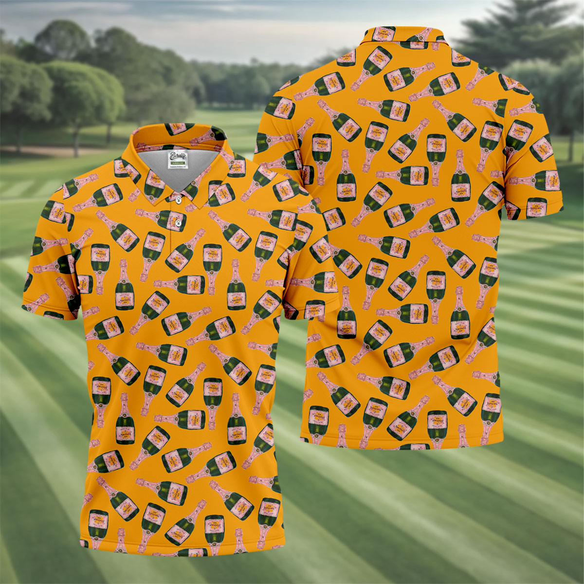 Rosé Champagne Seamless Pattern Yellow Golf Shirt, Polo Shirts For Men, Golf Shirts For Men