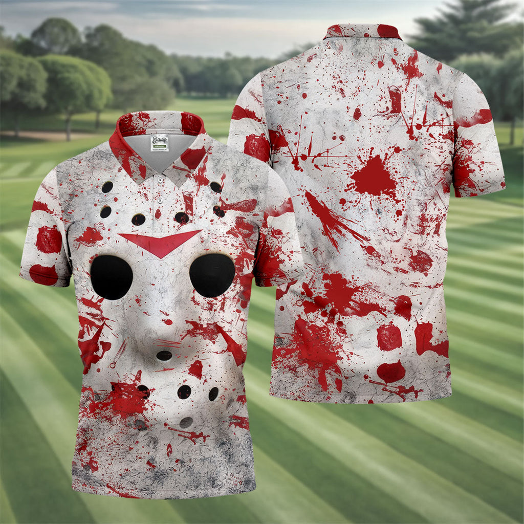Creepy Mask Face Golf Tops For Men, Horror Character Cosplay Polo Shirts For Men, Halloween Golf Shirt