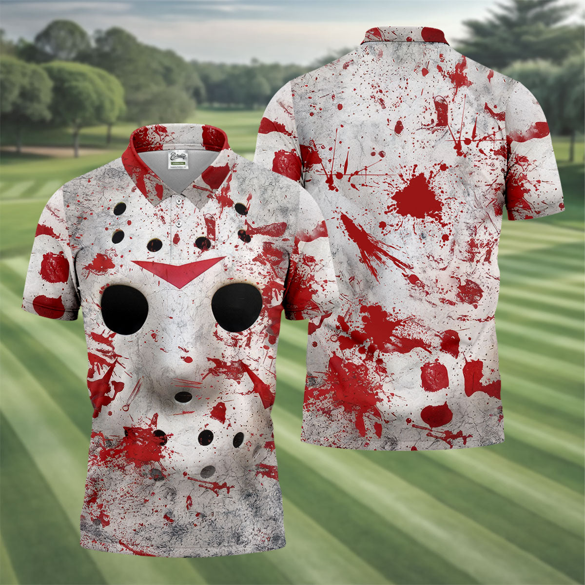Creepy Mask Face Golf Tops For Men, Horror Character Cosplay Polo Shirts For Men, Halloween Golf Shirt