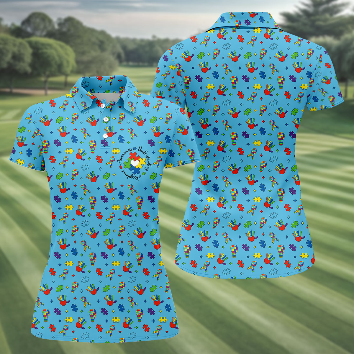 Awareness Understanding Acceptance Autism Ribbon Blue Golf Shirt, Autism Awareness Colors Women's Golf Tops