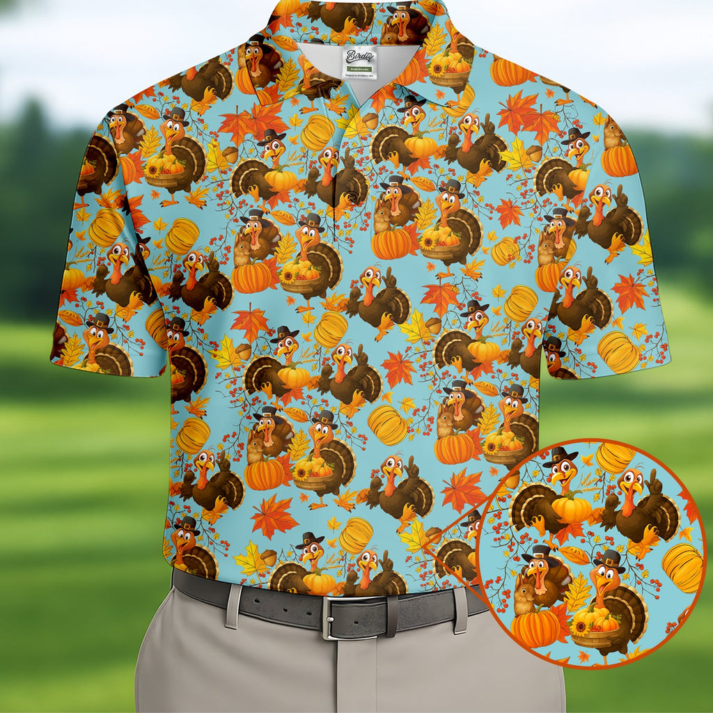 Turkey Pumpkin Thanksgiving Holiday Blue And Orange Polo Shirts For Men, Golf Gift For Men