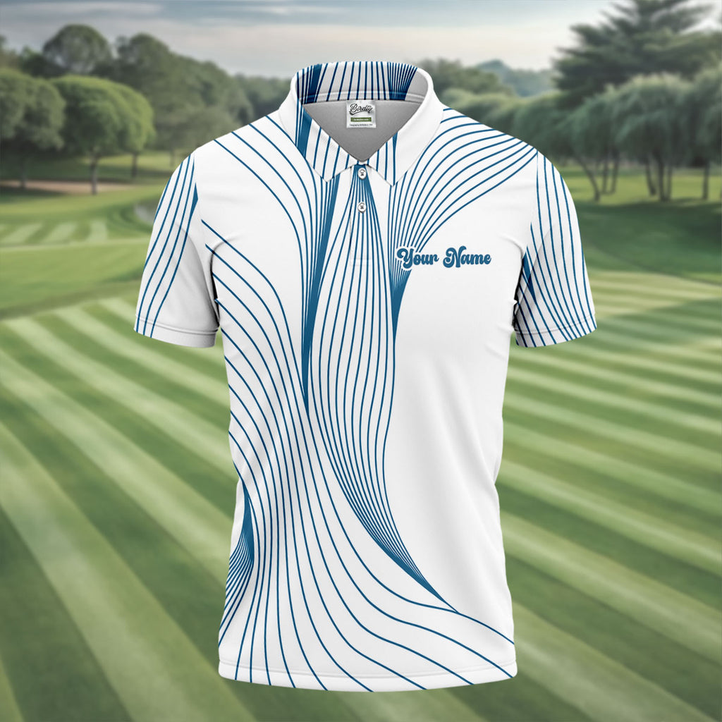 Geometric Line Wavy Line Blue And White Custom Name Golf Shirts For Men, Men's Golf Shirt, Polo Shirts For Men