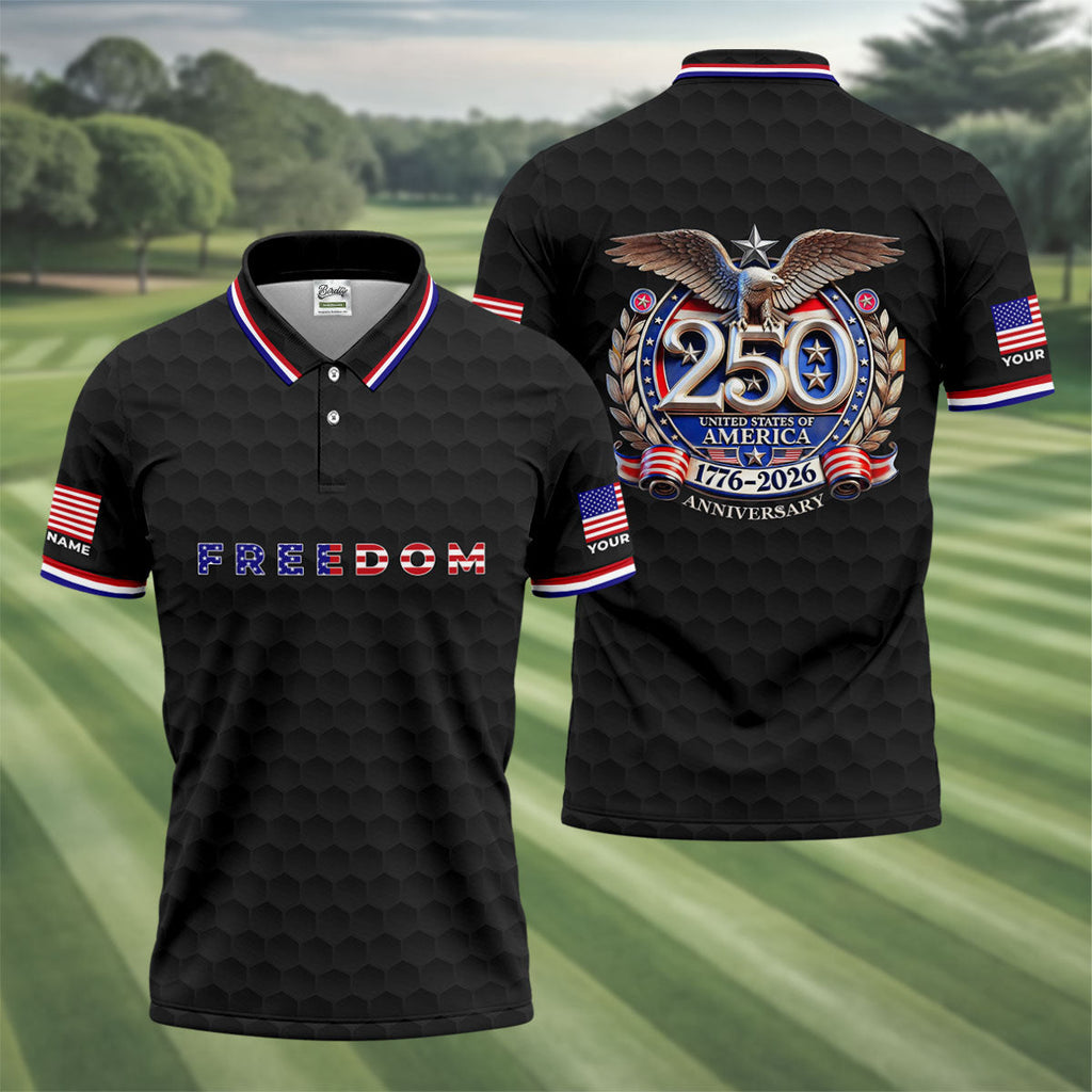 Freedom American Bald Eagle 250th Anniversary Black Golf Shirt, Patriotic 4th Of July Golf Shirts For Men
