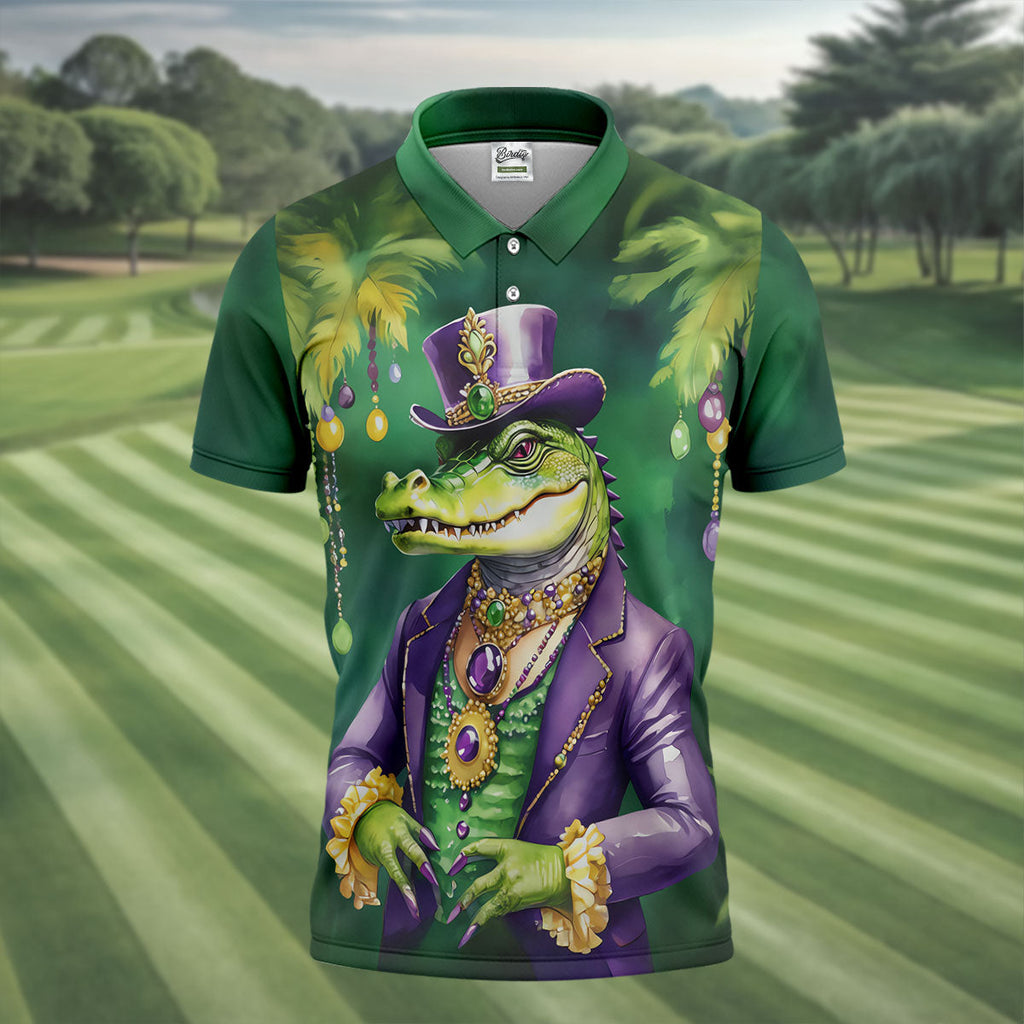 Mardi Gras Alligator Green Golf Shirt, Men's Funny Golf Shirts, Polo Shirts For Men, Golf Shirts For Men