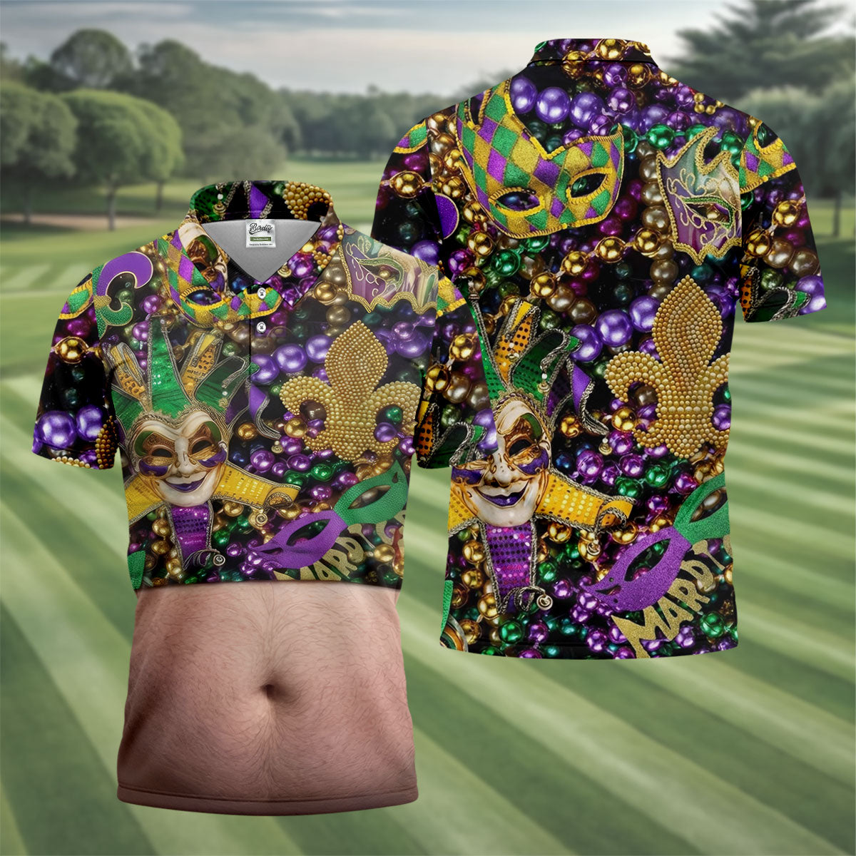 Mardi Gras Purple Green Gold Fleur De Lis Jester Mask Funny Tummy Golf Shirts For Men, Men's Funny Golf Shirts