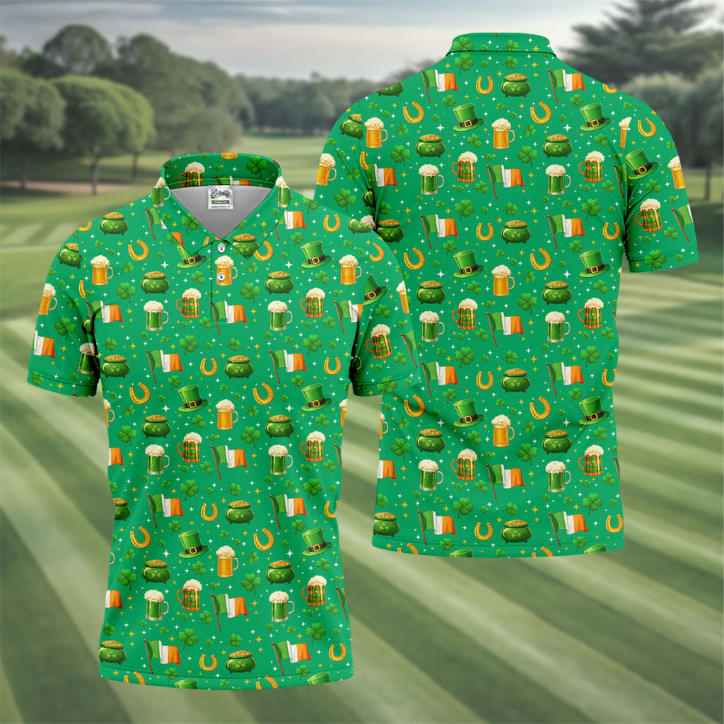 St Patrick's Day Pot Of Gold Leprechaun Hats Irish Flag Golf Tops For Men, Golf Gift For Men, Golf Shirts For Men