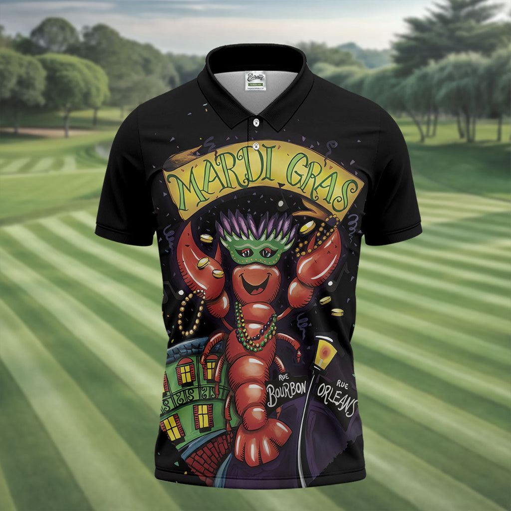 Mardi Gras Crawfish Rue Bourbon Black Golf Shirt, Polo Shirts For Men, Golf Shirts For Men