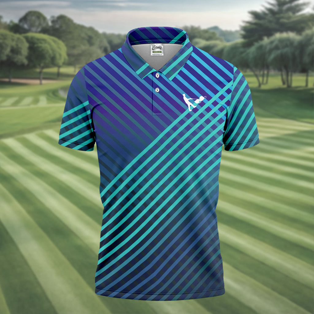 Teal And Purple Striped Pattern Golf Tops For Men, Performance Golf Shirt, Polo Shirts For Men