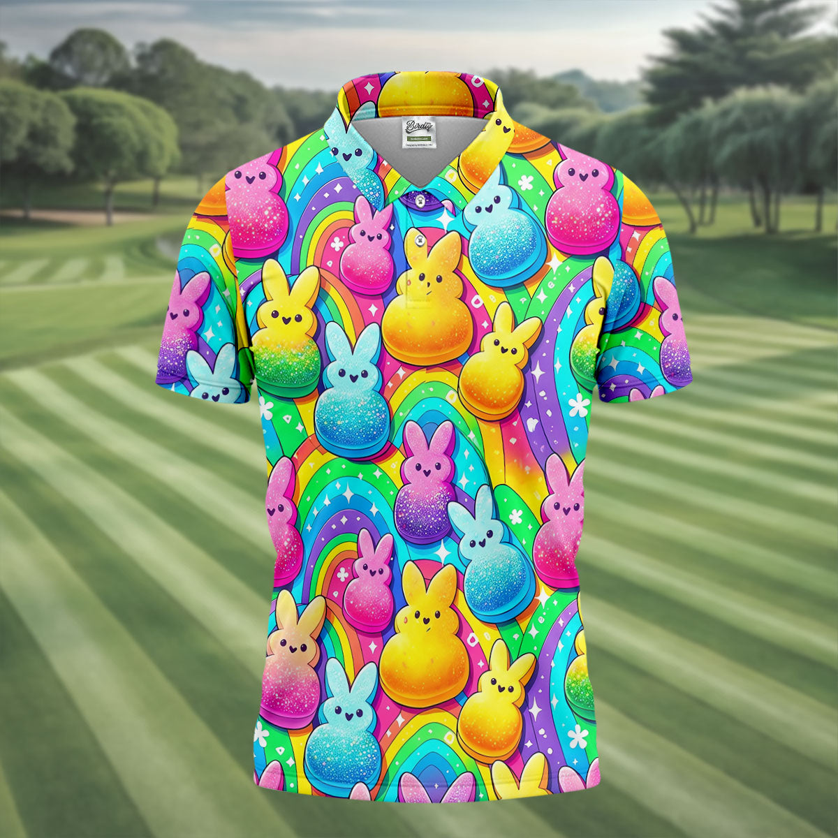 Colorful Easter Peeps Rainbow Pattern Golf Shirts For Men, Cute Golf Outfit, Polo Shirts For Men