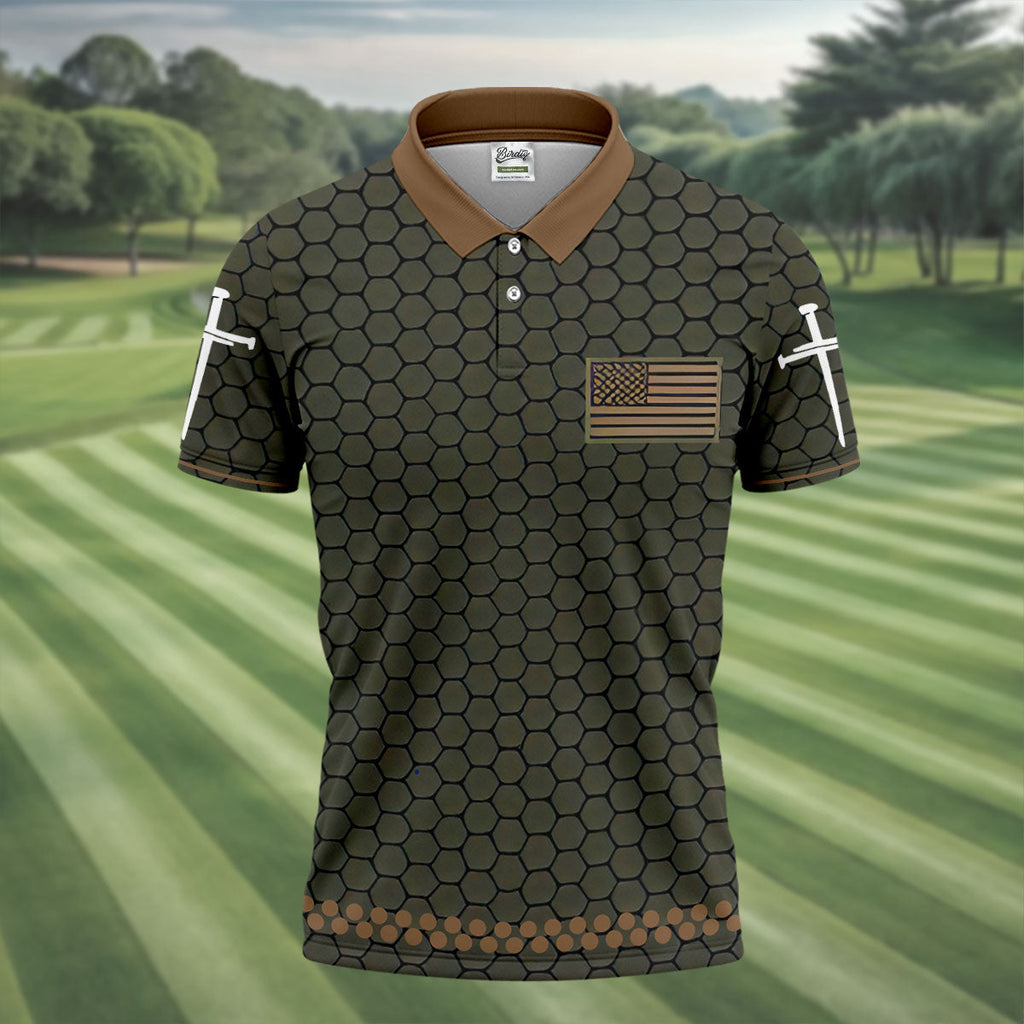 USA 250th Anniversary Patriotic Polo Men's Faith Cross And American Flag Print Polo ShirtOf July Shirt