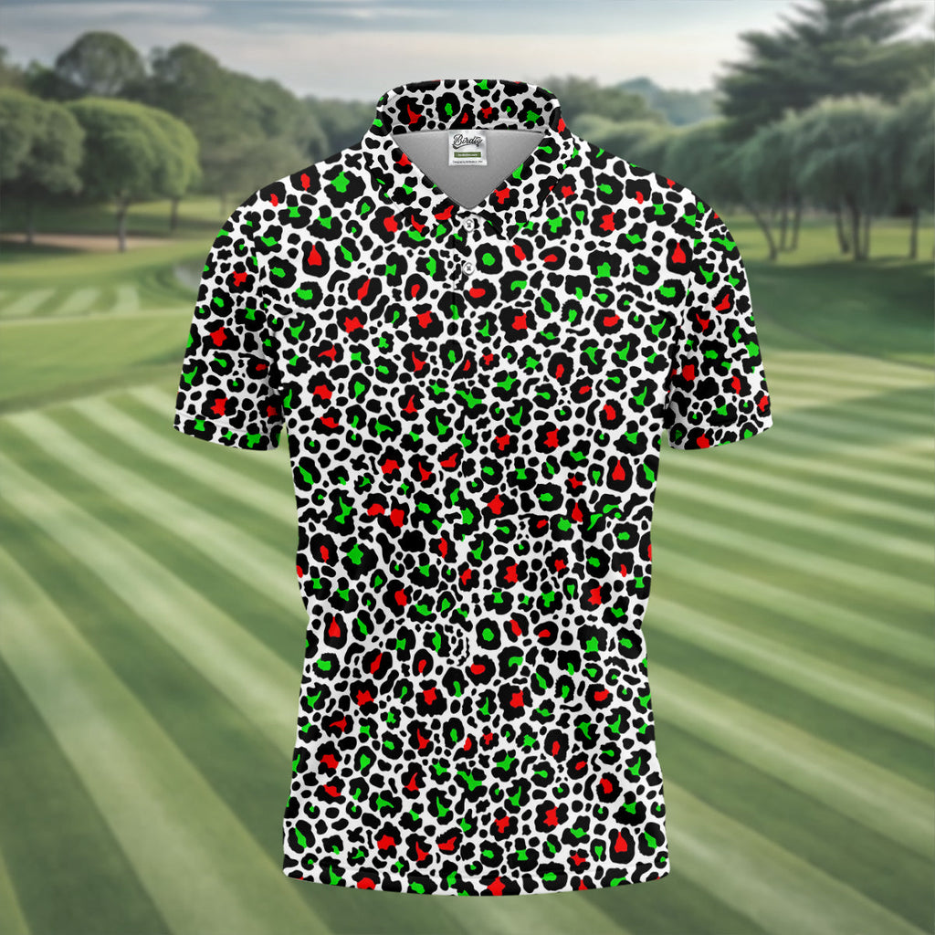 Leopard Pattern Xmas Pine Tree Green And Red Golf Tops For Men, Christmas Golf Shirt, Polo Shirts For Men
