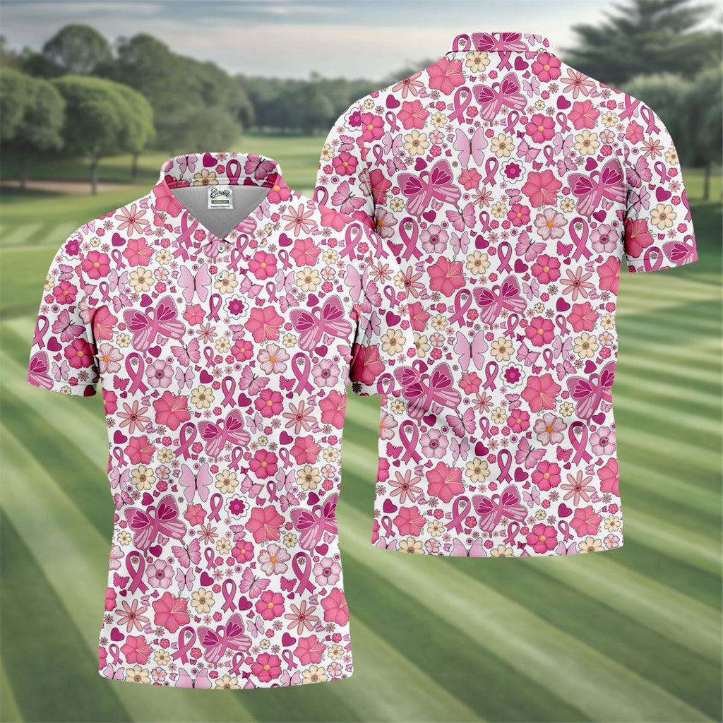 Breast Cancer Pink Ribbon Floral Golf Shirt, Cancer Awareness Shirt, Polo Shirts For Men, Golfing Apparel