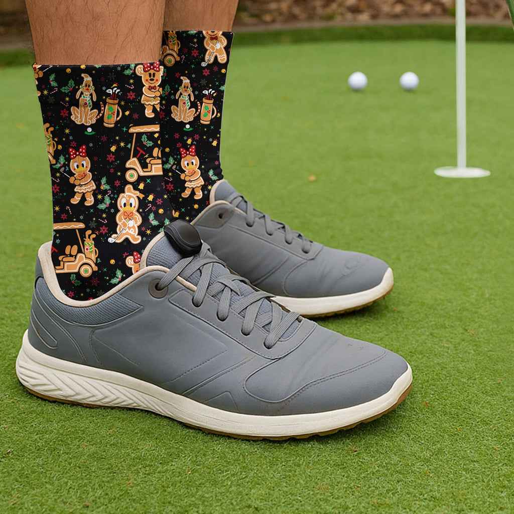 Cartoon Gingerbread Black Golf Socks, Funny Golf Socks, Christmas Golf Gift, Golf Accessory