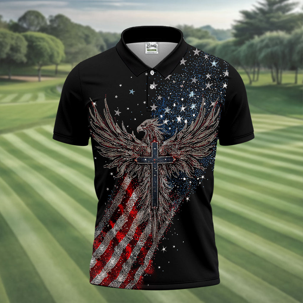 Faith Cross Patriotic Eagle Rhinestones Pattern 4th Of July Golf Shirt, 250 Years Golf Shirts For Men