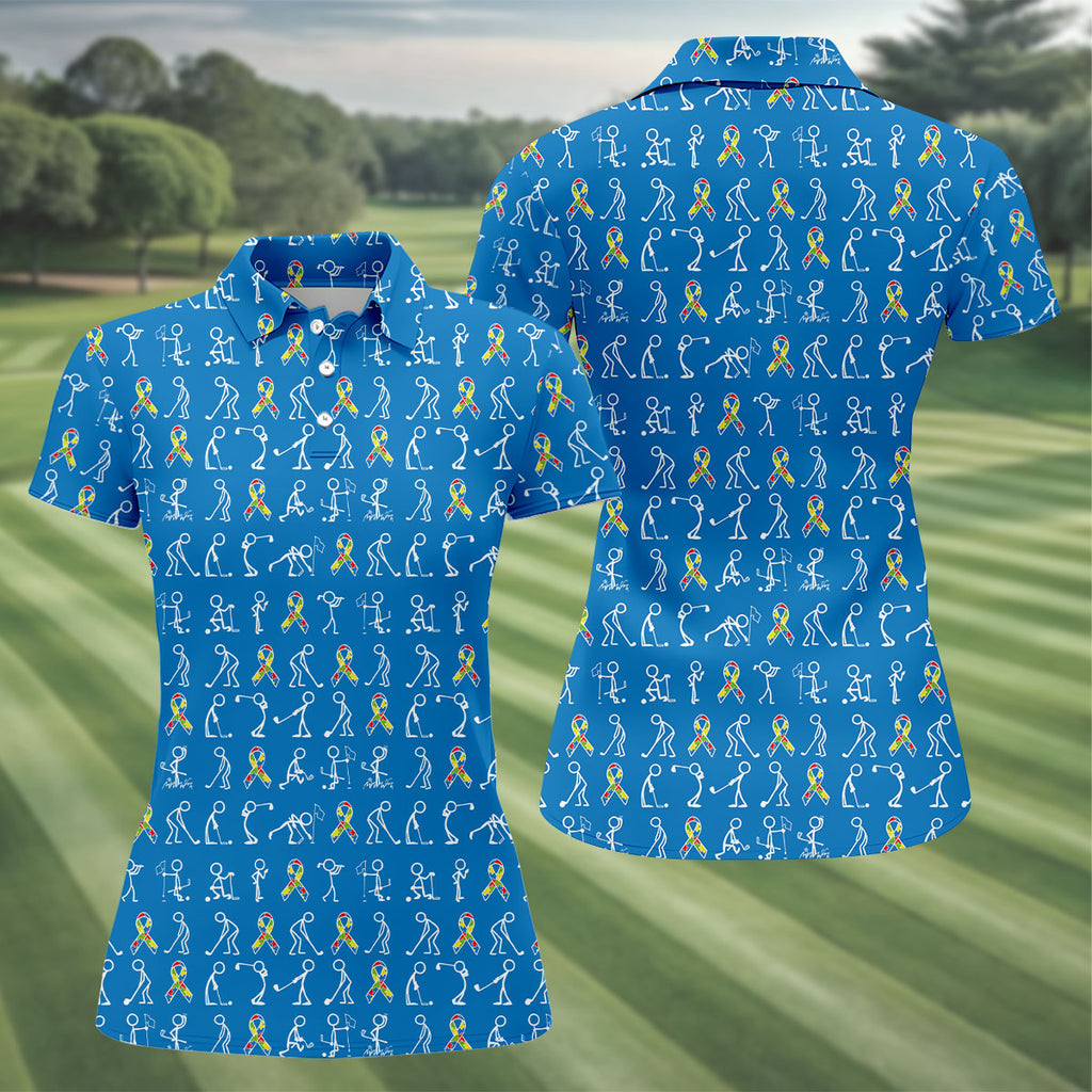 Stick Figure Golf Pose Autism Ribbon Blue Golf Shirt, Autism Awareness Colors Ladies Golf Polos