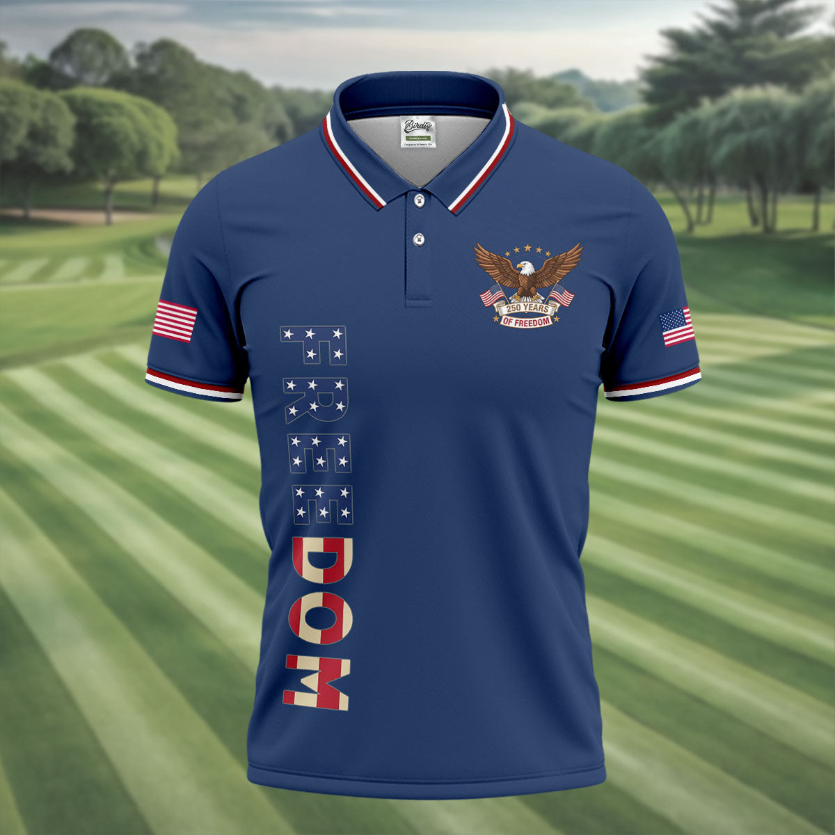 250 Years Of Freedom US Flag Logo Navy Golf Shirt, Patriotic 4th Of July Golf Shirts For Men