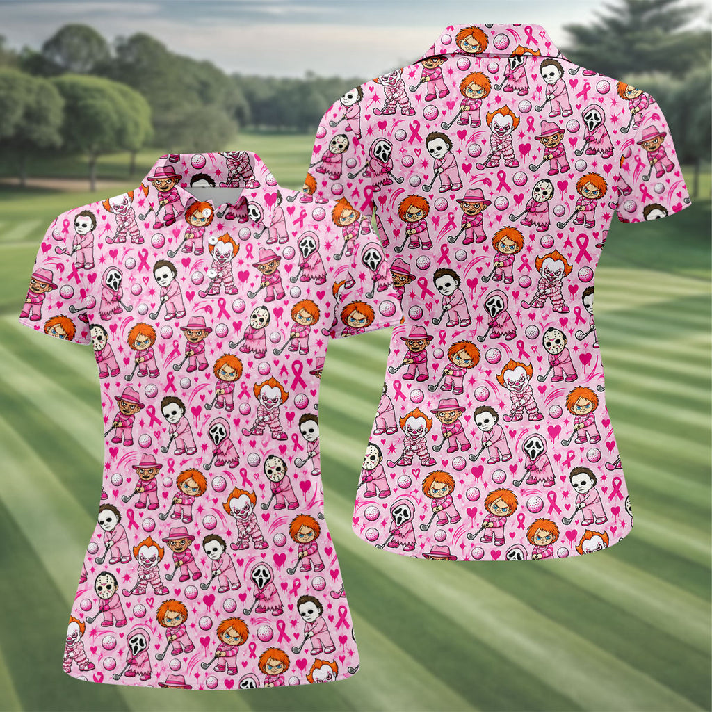 Halloween Horror Character Breast Cancer Polo Shirt, Women's Golf Polo, Ladies Golf Top