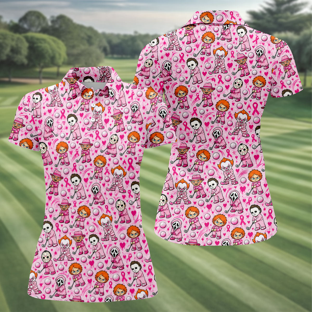Halloween Horror Character Breast Cancer Polo Shirt, Women's Golf Polo, Ladies Golf Top