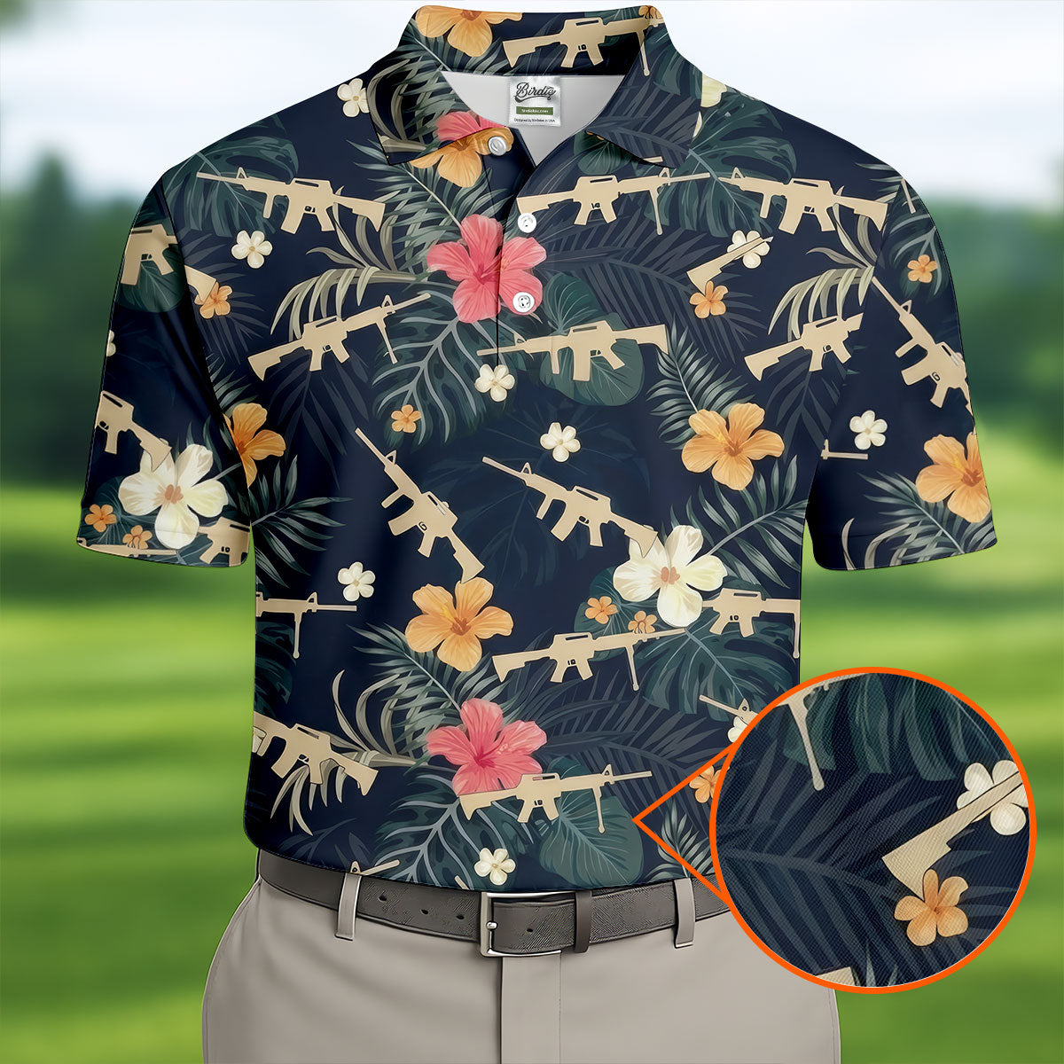 Colorful Hibiscus With Army Theme Golf Shirts For Men, Polo Shirts For Men, Golfing Apparel