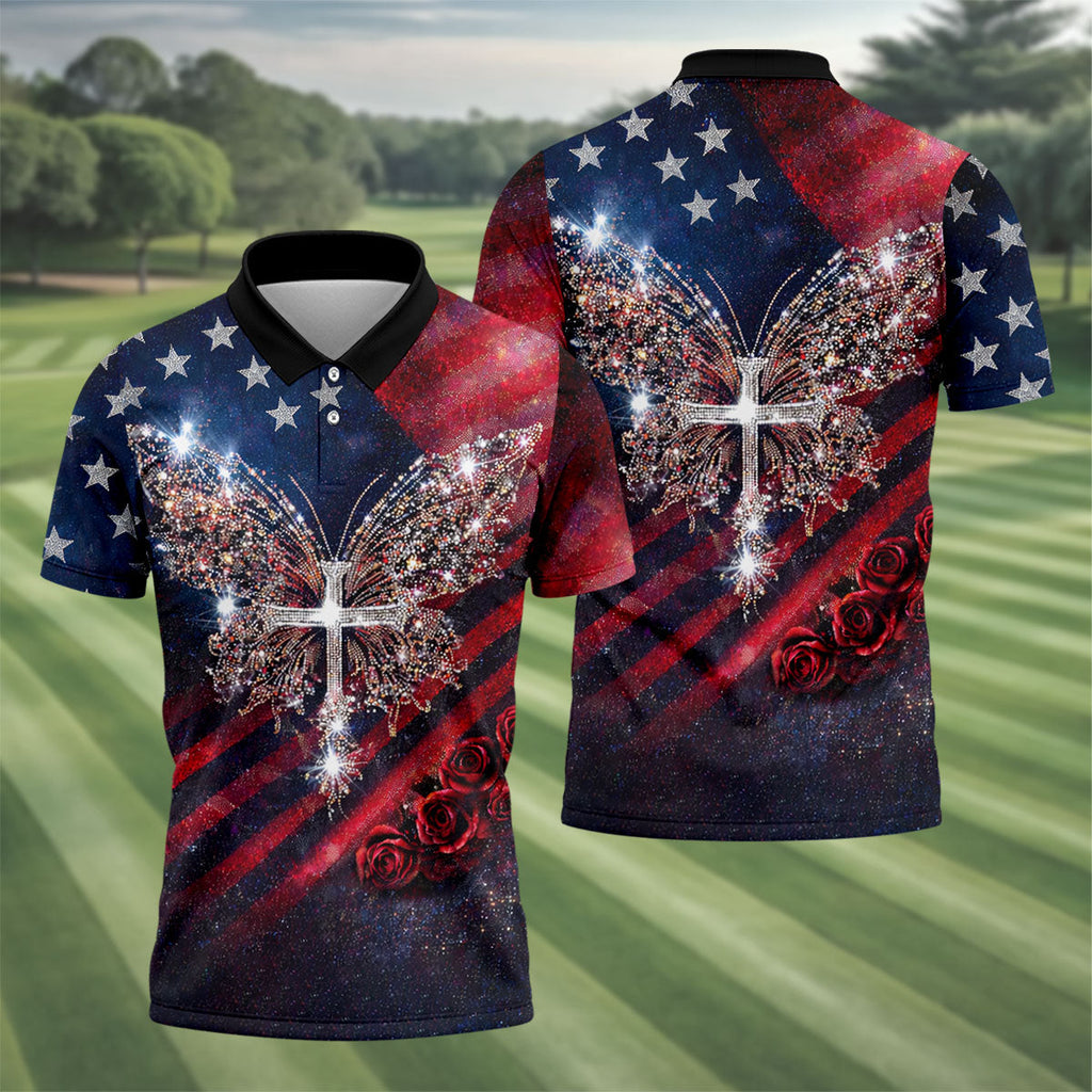 Vintage Faith Rhinestone Butterfly American Flag Golf Shirt, 250 Years Patriotic 4th Of July Golf Shirts For Men