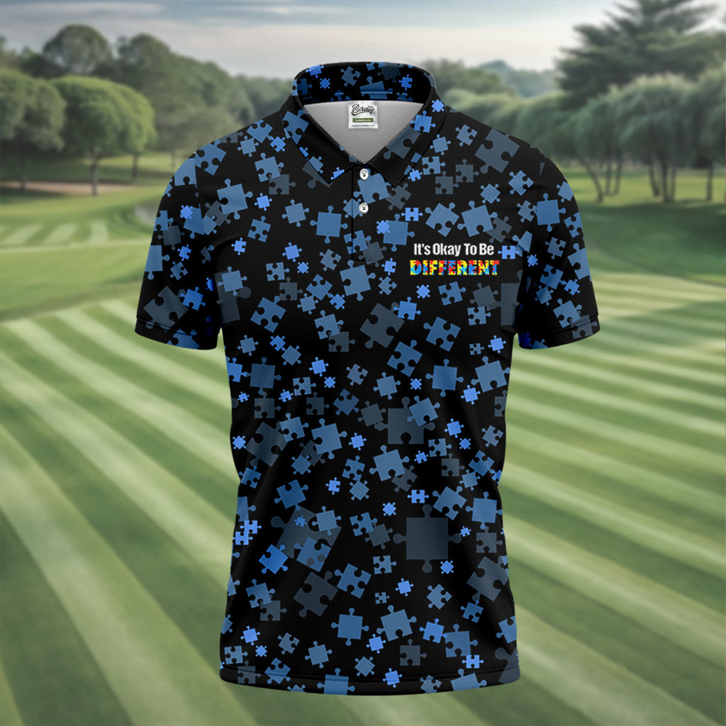 It's Okay To Be Different Autism Awareness Black And Blue Puzzle Pattern Golf Tops For Men, Polo Shirts For Men